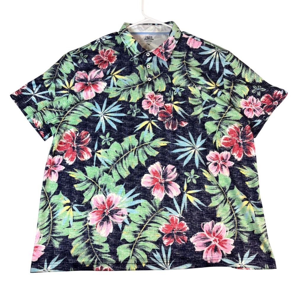 IZOD Saltwater Mens XXL Tropical Floral Hibiscus Polo Shirt Navy Blue Short Slv